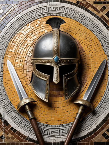 Gladiator weapons, an ancient Roman gladiator helmet, a shield and two gladiuses placed on a Roman mosaic background