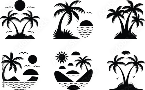Tropical Island Vector Set, Palm Tree Silhouettes with Sun, Ocean Elements illustration