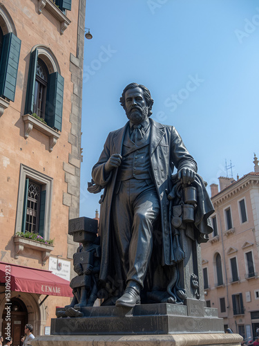 Playwright Carlo Goldoni statue by Antonio Dal Zotto (1841-1918) in Venice in a sunny summer day, Italy