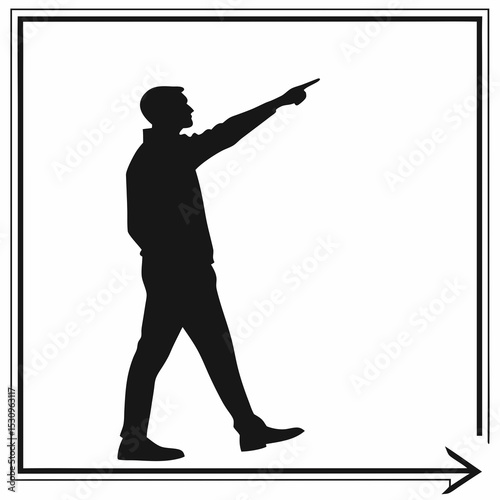 Silhouette of a man standing and pointing sideways with one hand, minimalist black graphic style on white background. Concept of direction or presentation. Vector .