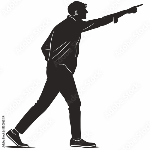 Silhouette of a man standing and pointing sideways with one hand, minimalist black graphic style on white background. Concept of direction or presentation. Vector .