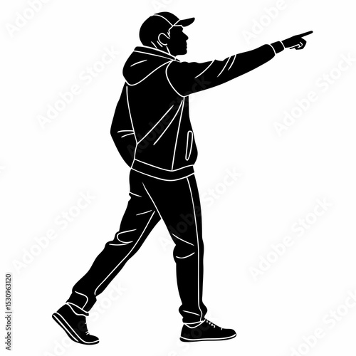 Silhouette of a man standing and pointing sideways with one hand, minimalist black graphic style on white background. Concept of direction or presentation. Vector .