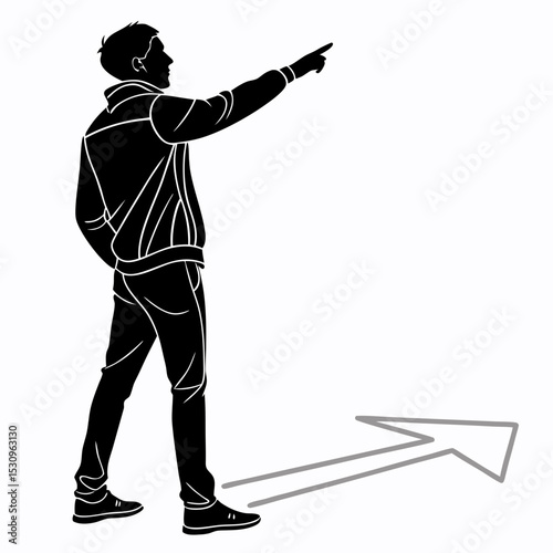 Silhouette of a man standing and pointing sideways with one hand, minimalist black graphic style on white background. Concept of direction or presentation. Vector .