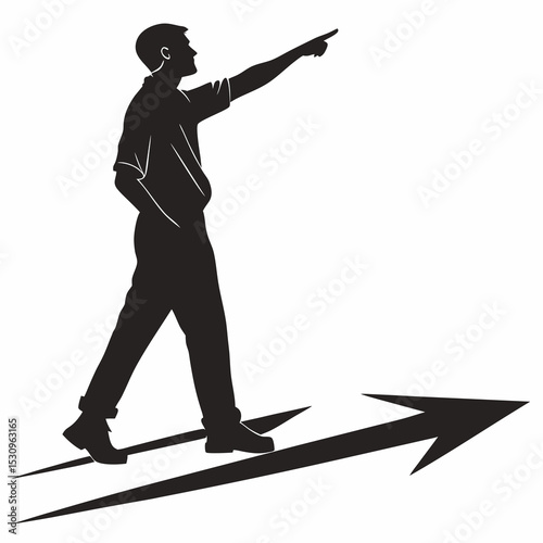 Silhouette of a man standing and pointing sideways with one hand, minimalist black graphic style on white background. Concept of direction or presentation. Vector .