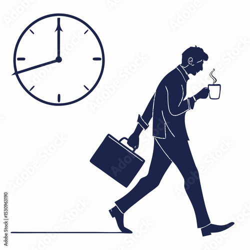 Silhouette of a businessman holding a coffee cup and briefcase walking quickly, minimal graphic style on white background. Concept of career or routine. Vector .
