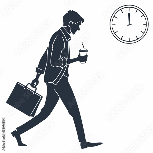Silhouette of a businessman holding a coffee cup and briefcase walking quickly, minimal graphic style on white background. Concept of career or routine. Vector .