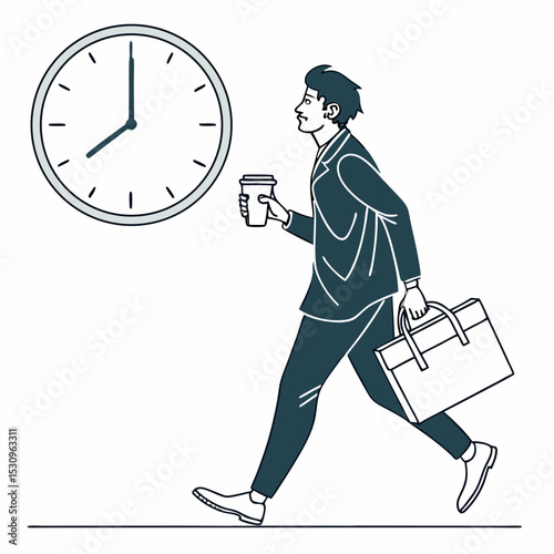 Silhouette of a businessman holding a coffee cup and briefcase walking quickly, minimal graphic style on white background. Concept of career or routine. Vector .