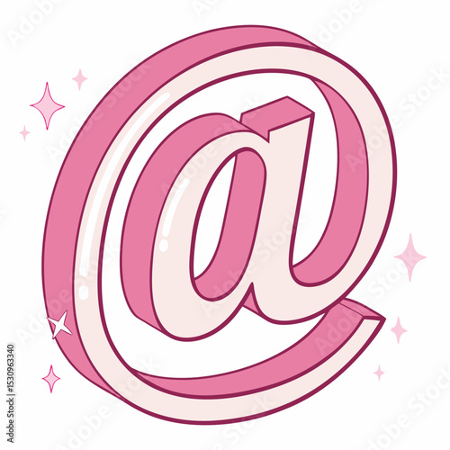 Glossy pink 3D-style at symbol with soft shading and highlights, isolated on a clean white background. Concept for communication and digital messaging. Soft 3d vector .