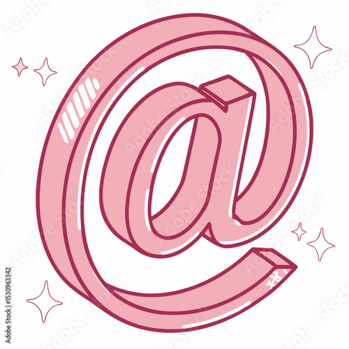 Glossy pink 3D-style at symbol with soft shading and highlights, isolated on a clean white background. Concept for communication and digital messaging. Soft 3d vector .