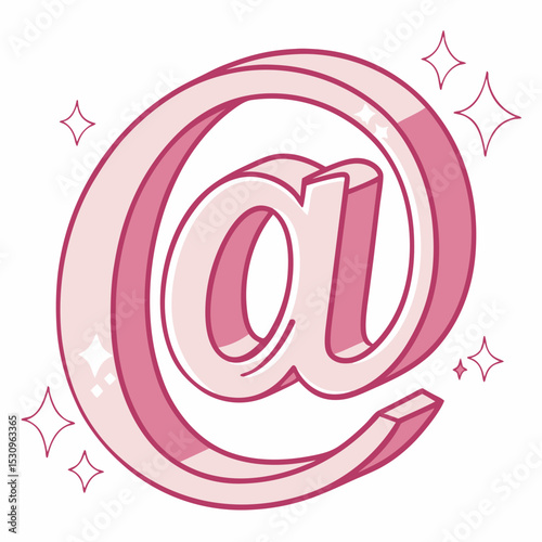 Glossy pink 3D-style at symbol with soft shading and highlights, isolated on a clean white background. Concept for communication and digital messaging. Soft 3d vector .