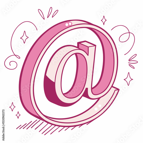 Glossy pink 3D-style at symbol with soft shading and highlights, isolated on a clean white background. Concept for communication and digital messaging. Soft 3d vector .