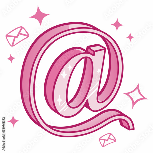 Glossy pink 3D-style at symbol with soft shading and highlights, isolated on a clean white background. Concept for communication and digital messaging. Soft 3d vector .
