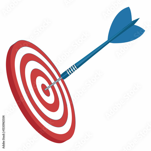 A blue dart hitting the bullseye of a red and white target on a clean white background, symbolizing accuracy, precision, and goal achievement. Soft 3d .