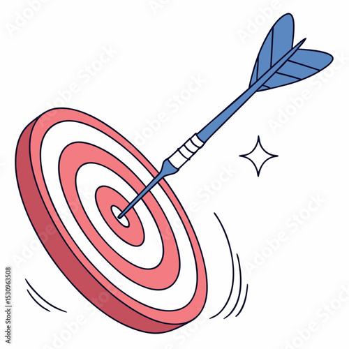 A blue dart hitting the bullseye of a red and white target on a clean white background, symbolizing accuracy, precision, and goal achievement. Soft 3d .