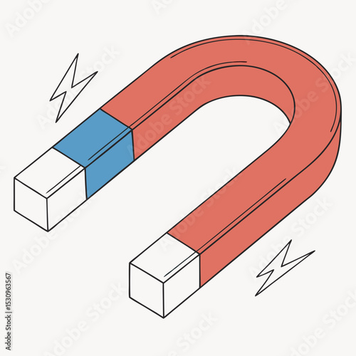 U-shaped magnet with red and blue poles shown in a modern glossy graphic style on a white background. Concept of magnetism and physics. Soft 3d vector