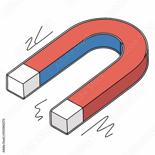 U-shaped magnet with red and blue poles shown in a modern glossy graphic style on a white background. Concept of magnetism and physics. Soft 3d vector
