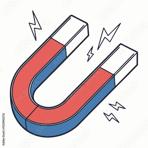 U-shaped magnet with red and blue poles shown in a modern glossy graphic style on a white background. Concept of magnetism and physics. Soft 3d vector