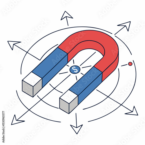 U-shaped magnet with red and blue poles shown in a modern glossy graphic style on a white background. Concept of magnetism and physics. Soft 3d vector