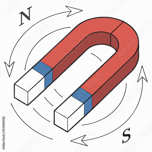 U-shaped magnet with red and blue poles shown in a modern glossy graphic style on a white background. Concept of magnetism and physics. Soft 3d vector