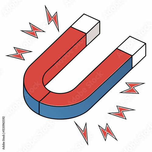 U-shaped magnet with red and blue poles shown in a modern glossy graphic style on a white background. Concept of magnetism and physics. Soft 3d vector