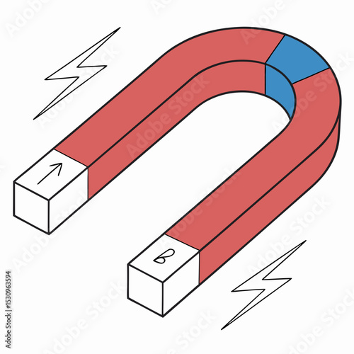 U-shaped magnet with red and blue poles shown in a modern glossy graphic style on a white background. Concept of magnetism and physics. Soft 3d vector