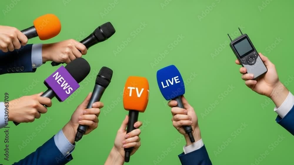 Hands holding microphones with news, tv, and live labels against a green colored background scene