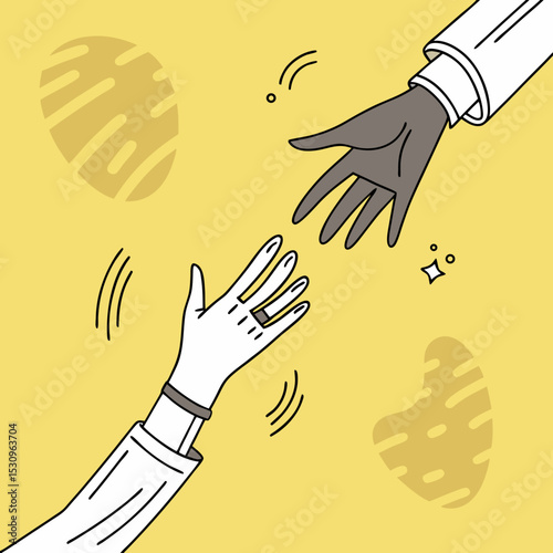 Two stylized grayscale hands reaching to shake against a bright yellow background with abstract shapes, symbolizing greeting, agreement, and cooperation. Vector .