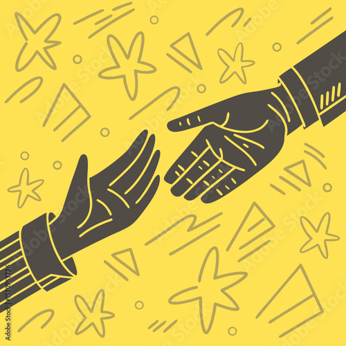 Two stylized grayscale hands reaching to shake against a bright yellow background with abstract shapes, symbolizing greeting, agreement, and cooperation. Vector .