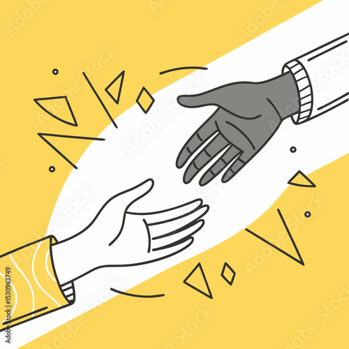Two stylized grayscale hands reaching to shake against a bright yellow background with abstract shapes, symbolizing greeting, agreement, and cooperation. Vector .