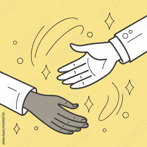 Two stylized grayscale hands reaching to shake against a bright yellow background with abstract shapes, symbolizing greeting, agreement, and cooperation. Vector .