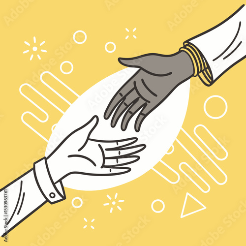 Two stylized grayscale hands reaching to shake against a bright yellow background with abstract shapes, symbolizing greeting, agreement, and cooperation. Vector .