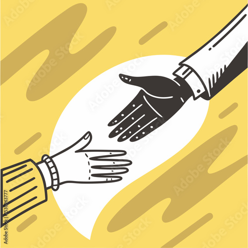 Two stylized grayscale hands reaching to shake against a bright yellow background with abstract shapes, symbolizing greeting, agreement, and cooperation. Vector .