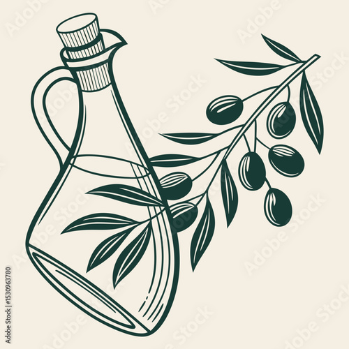 Stylized olive oil bottle in an elegant minimalist graphic style, drawn with dark green lines on a light background. Concept of organic product and culinary art. Vector .