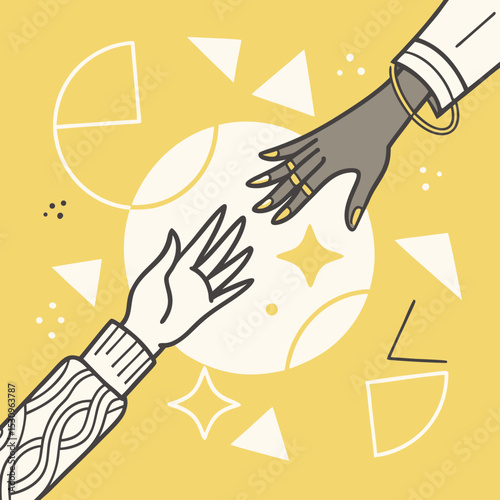 Two stylized grayscale hands reaching to shake against a bright yellow background with abstract shapes, symbolizing greeting, agreement, and cooperation. Vector .