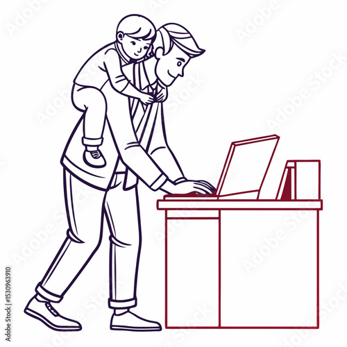 Bringing kid in office. Man holds his son in his arms. Manager at workplace with boy. Work and personal life. Parenthood and childhood. Linear vector illustration isolated on white .