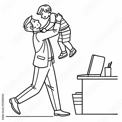 Bringing kid in office. Man holds his son in his arms. Manager at workplace with boy. Work and personal life. Parenthood and childhood. Linear vector illustration isolated on white .