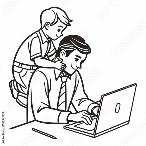 Bringing kid in office. Man holds his son in his arms. Manager at workplace with boy. Work and personal life. Parenthood and childhood. Linear vector illustration isolated on white .