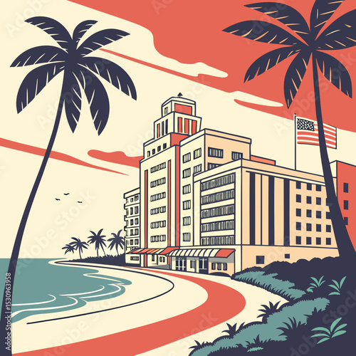 Miami Florida street. Retro poster with Miami beach, american architecture, ocean and silhouette of palm trees. Modern buildings and coastline. Tourism and travel. Cartoon flat vector .