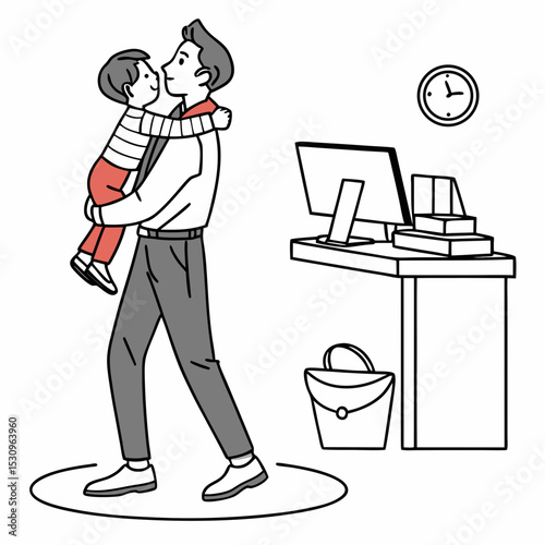 Bringing kid in office. Man holds his son in his arms. Manager at workplace with boy. Work and personal life. Parenthood and childhood. Linear vector illustration isolated on white .