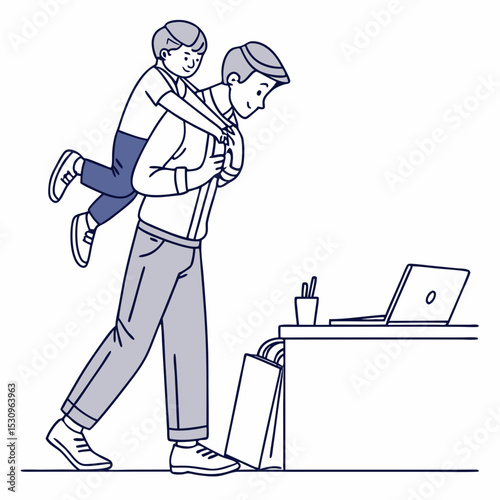Bringing kid in office. Man holds his son in his arms. Manager at workplace with boy. Work and personal life. Parenthood and childhood. Linear vector illustration isolated on white .