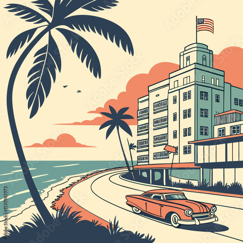 Miami Florida street. Retro poster with Miami beach, american architecture, ocean and silhouette of palm trees. Modern buildings and coastline. Tourism and travel. Cartoon flat vector .
