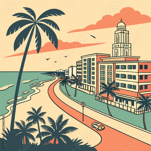Miami Florida street. Retro poster with Miami beach, american architecture, ocean and silhouette of palm trees. Modern buildings and coastline. Tourism and travel. Cartoon flat vector .