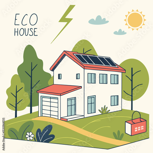 Eco house poster. Building with battery and solar panels. Renewable energy and sustainable lifestyle. Environmentally friendly energy. Landing webpage .