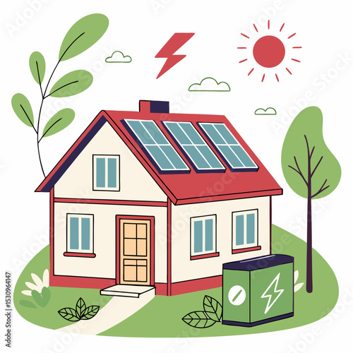 Eco house poster. Building with battery and solar panels. Renewable energy and sustainable lifestyle. Environmentally friendly energy. Landing webpage .
