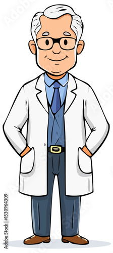 Cartoon doctor or scientist in white coat, isolated 