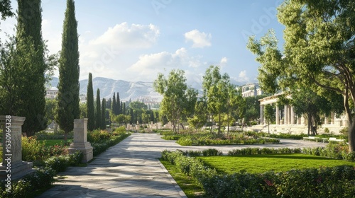 Serene Athenian Garden: A Digital Vista of Ancient Greece