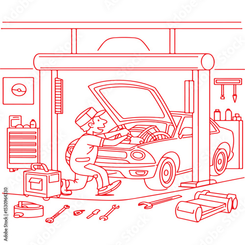 Cartoon LineArt Car repair Mechanic Automotive repair illustration design