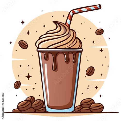 Cartoon chocolate mocha frozen drink with straw, isolated 