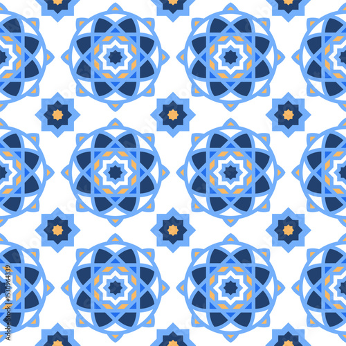 seamless symmetrical, geometric mediterranean ceramic, porcelain tiles design pattern and background vector illustration