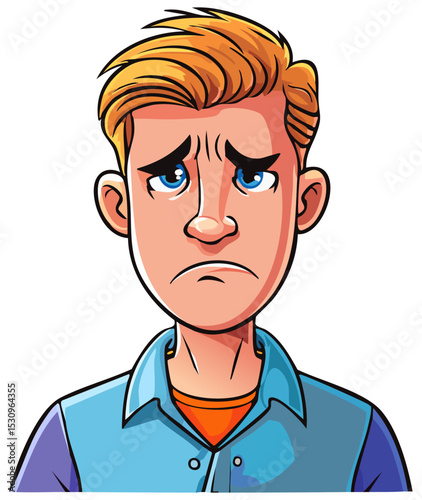 Grumpy sad cartoon man, isolated 